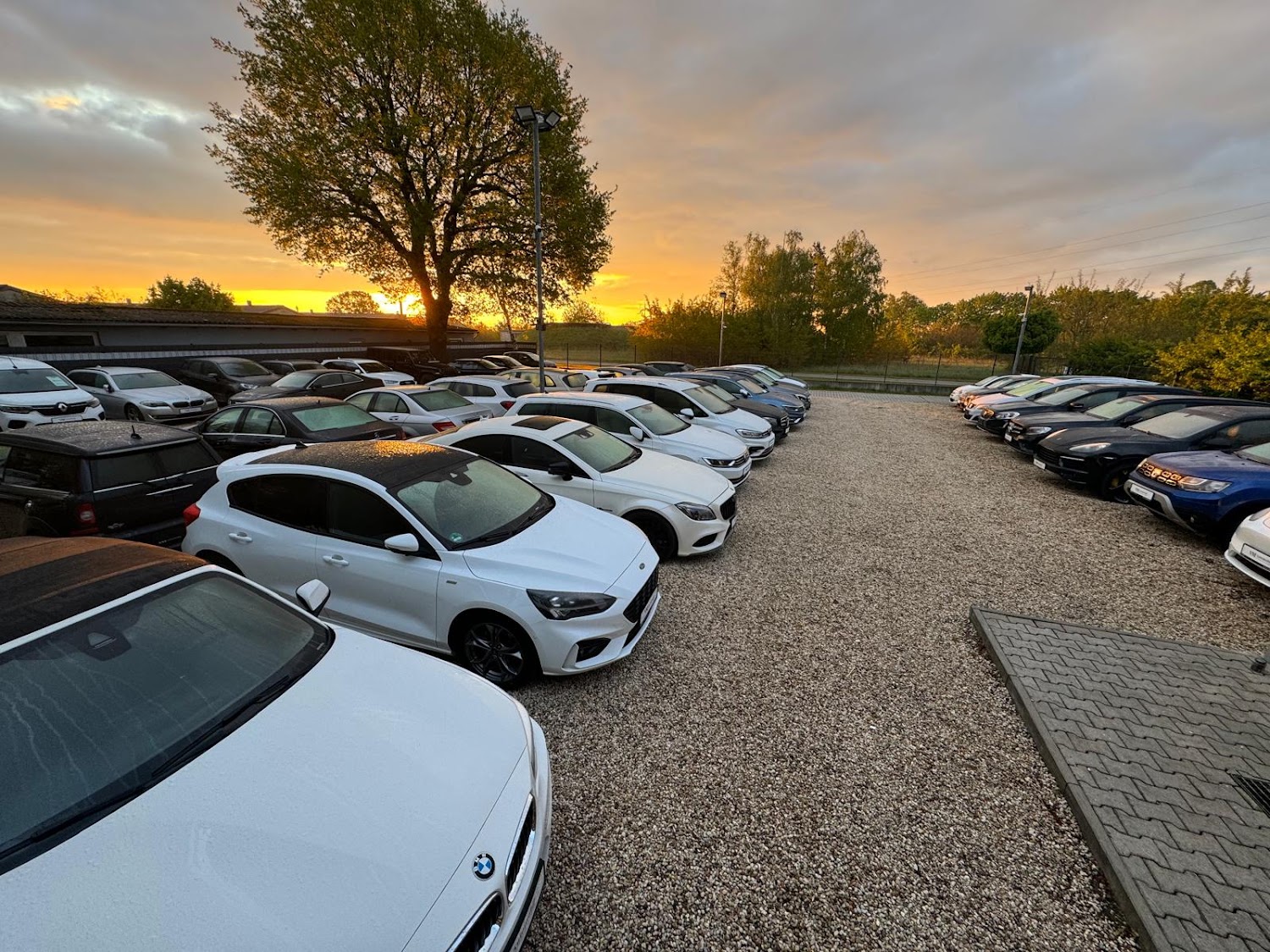 Fahrzeugauswahl auf der Verkaufsfläche von V&M Automobil GmbH im Abendlicht