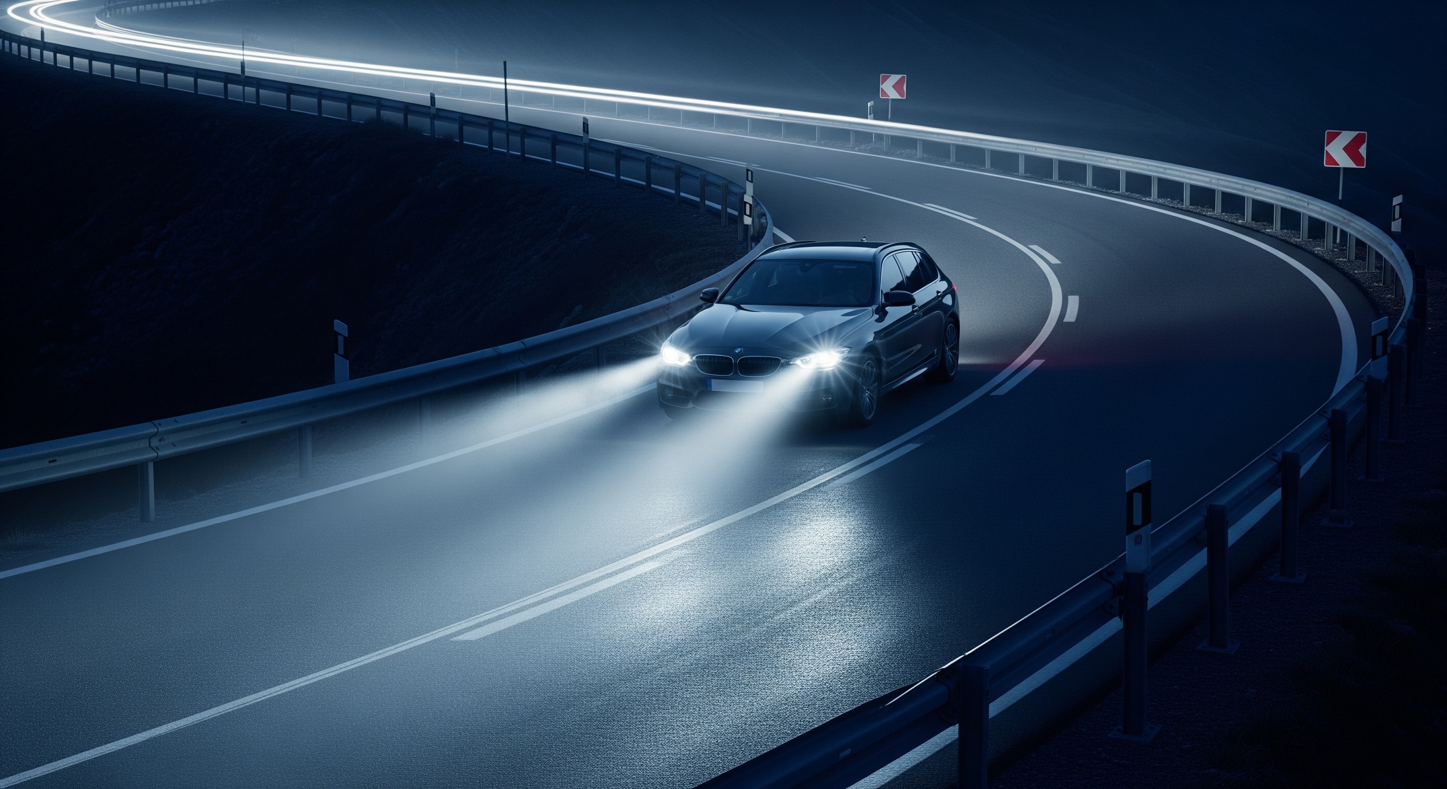 Gute Sicht auf kurviger Straße bei Nacht